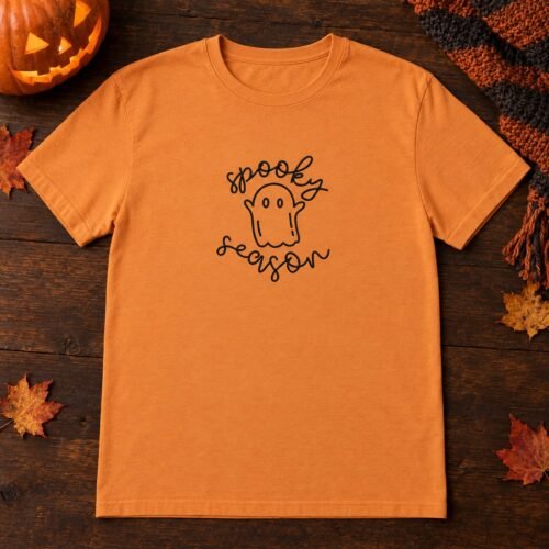 Spooky Season Ghost embroidery design stitched on a t-shirt