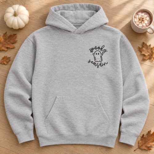 Spooky Season Ghost embroidery design stitched on a hoodie