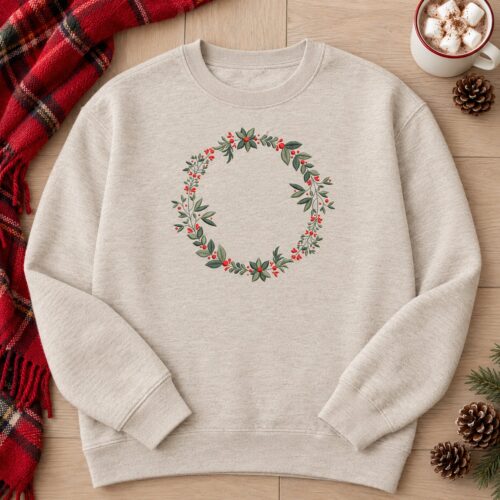 Christmas Berry Wreath Monogram Frame embroidery design stitched on a crewneck sweatshirt