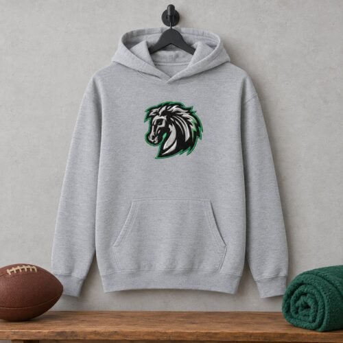 Mustang Horse Head Mascot Applique and Filled embroidery design stitched on a hoodie