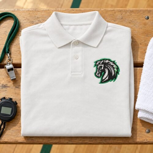 Mustang Horse Head Mascot Applique and Filled embroidery design stitched on a polo shirt