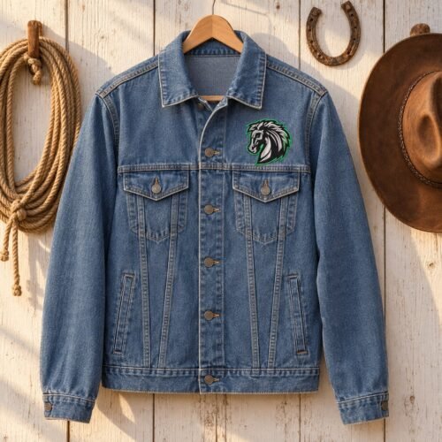Mustang Horse Head Mascot Applique and Filled embroidery design stitched on a denim jacket