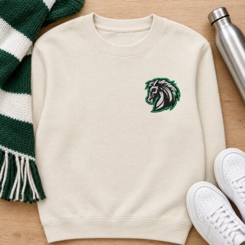 Mustang Horse Head Mascot Applique and Filled embroidery design stitched on a crewneck sweatshirt