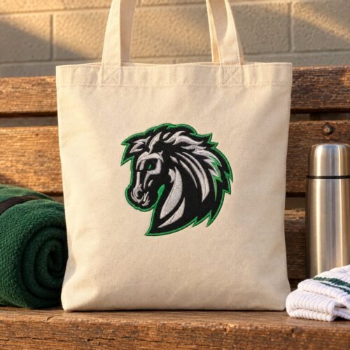 Mustang Horse Head Mascot Applique and Filled embroidery design stitched on a tote bag