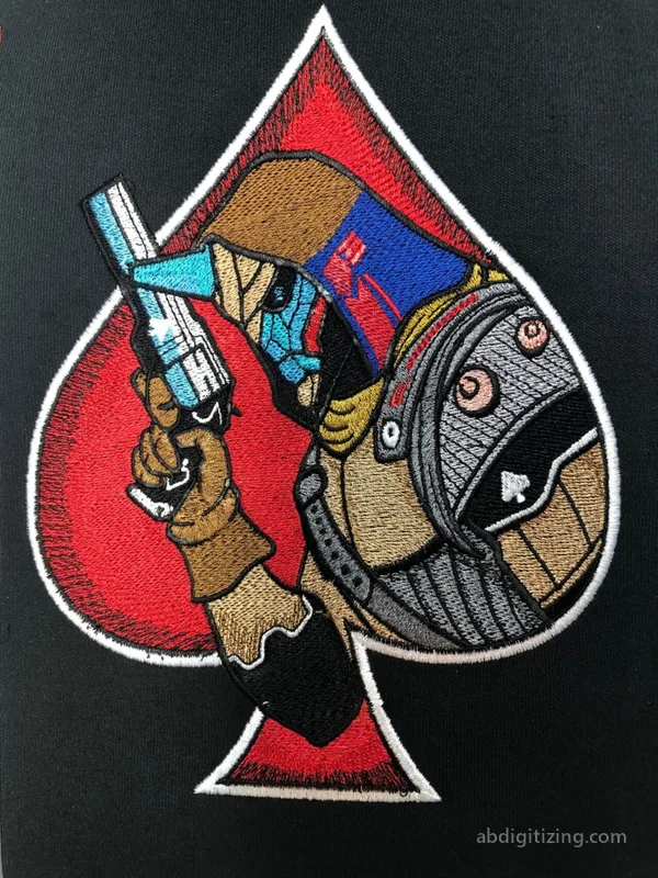 Ace Warrior cartoon character as filled embroidery design