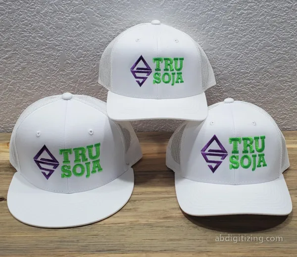 TRU SOJA embroidery stitch out on hats