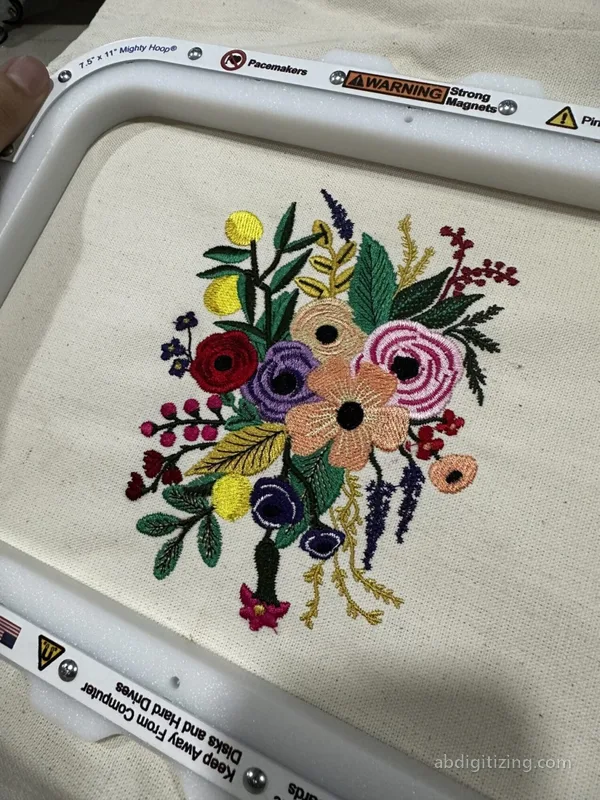 bouquet of flowers embroidered on a totebag